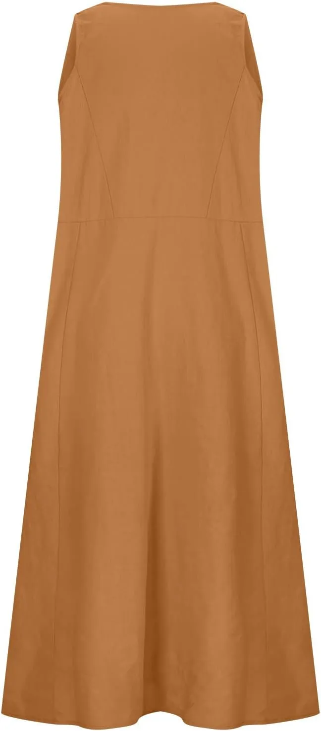 Going Out Dress for Women 2025 Summer Cotton Linen Vacation Dresses Plus Size Sleeveless Midi Sundress with Pockets