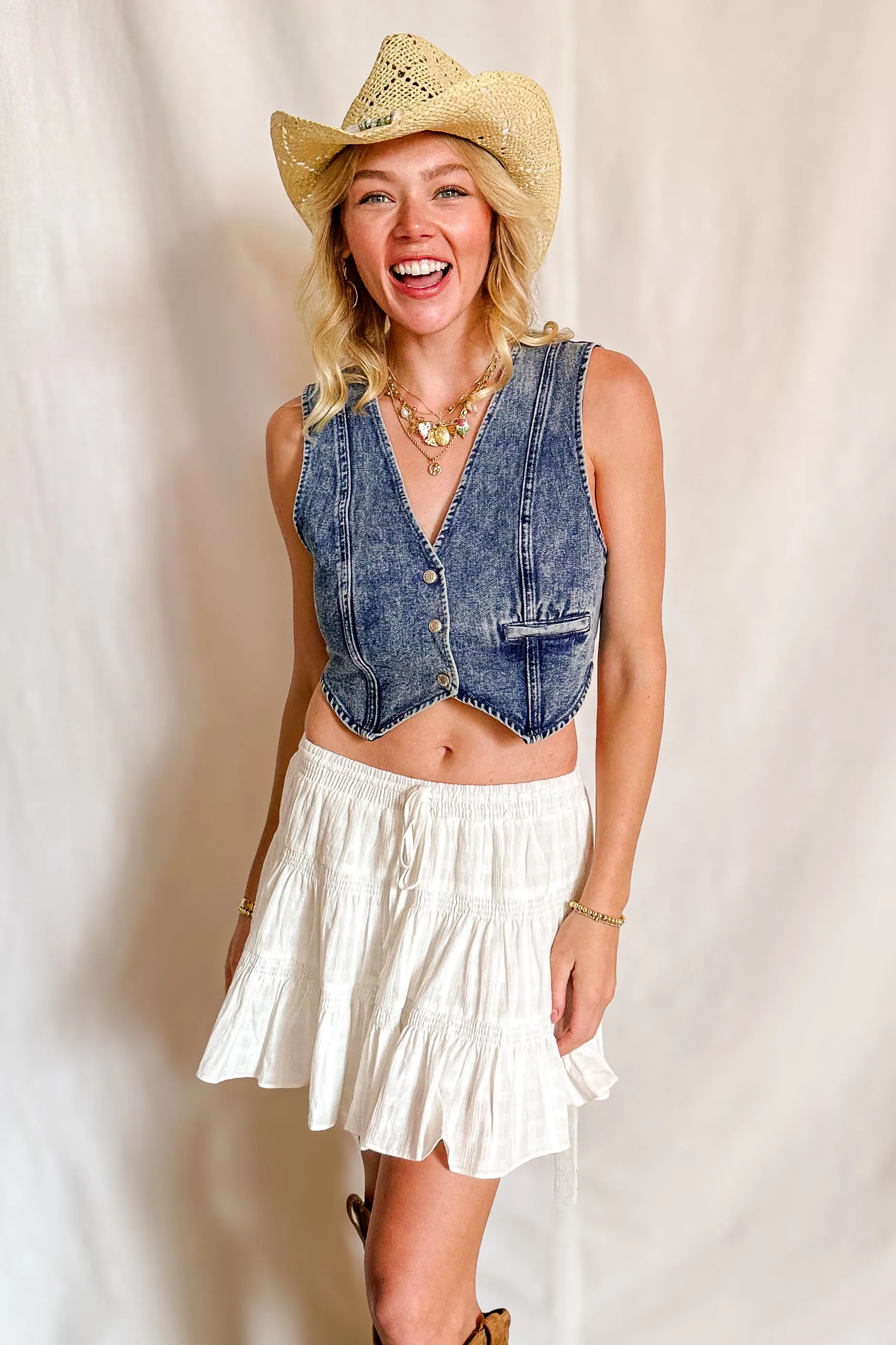 Jacquard Tiered Mini Skirt / White