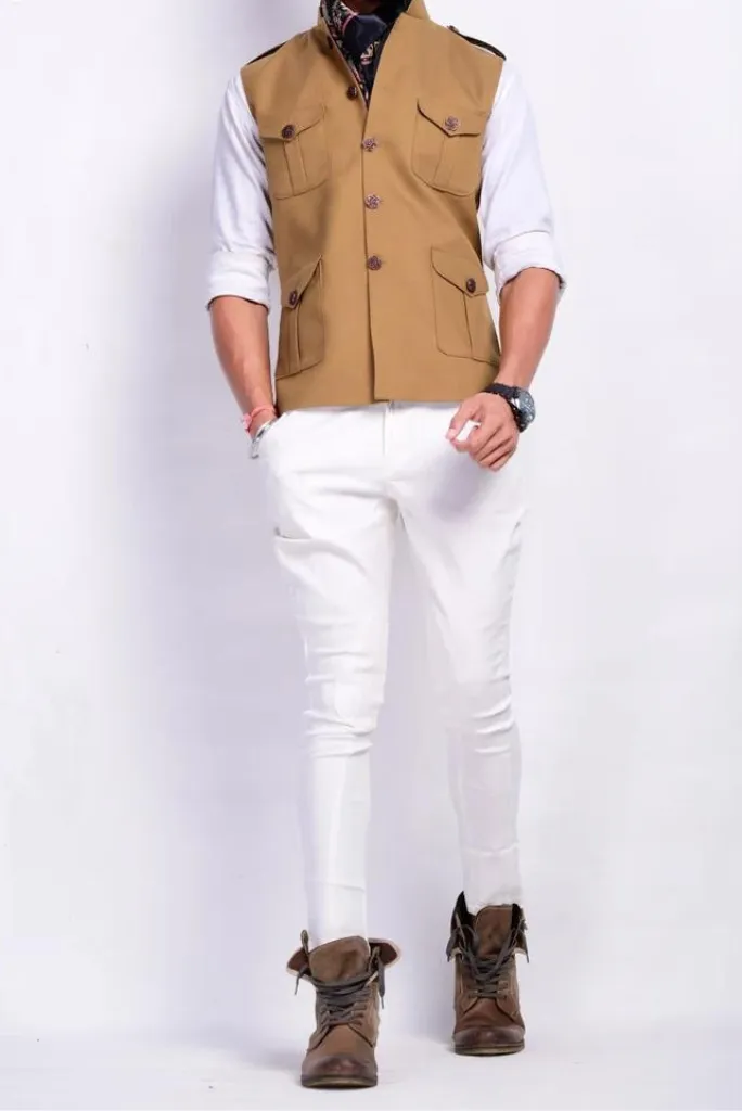 Khaki Brown Half Jodhpuri Jacket With For Pocket Premium Silky Smooth Shiny Textured Fabric Jackets