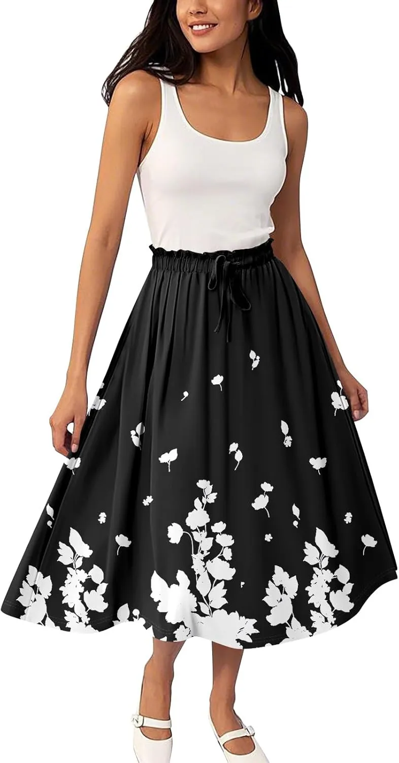 Knee Length Skirt for Women High Waist Flowy A-Line Casual Summer Skirt Trendy