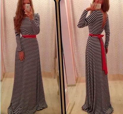 Long Sleeves Backless Stripe Long Loose Dress