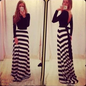 Long Sleeves Backless Stripe Long Loose Dress