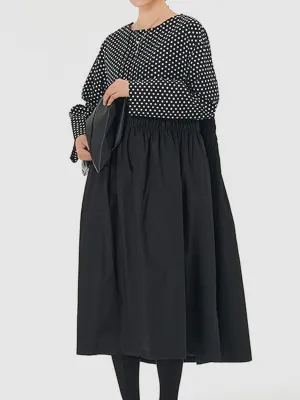 Long Sleeves Loose Contrast Color Elasticity Pleated Polka-Dot Split-Joint Round-Neck Midi Dresses