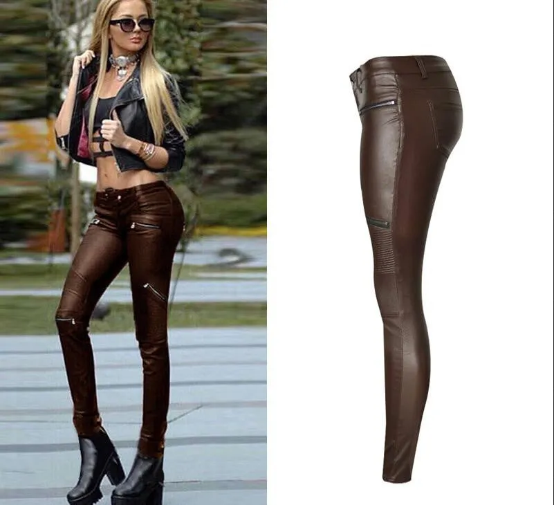 Low Waist Zippers Decoration Long Slim PU Pants