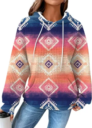 MARSVOVO Fall Womens Hoodies Pullover Oversized Drawstring Waffle Hooded Sweatshirt Casual Soft Ethnic Graphic Hoodie