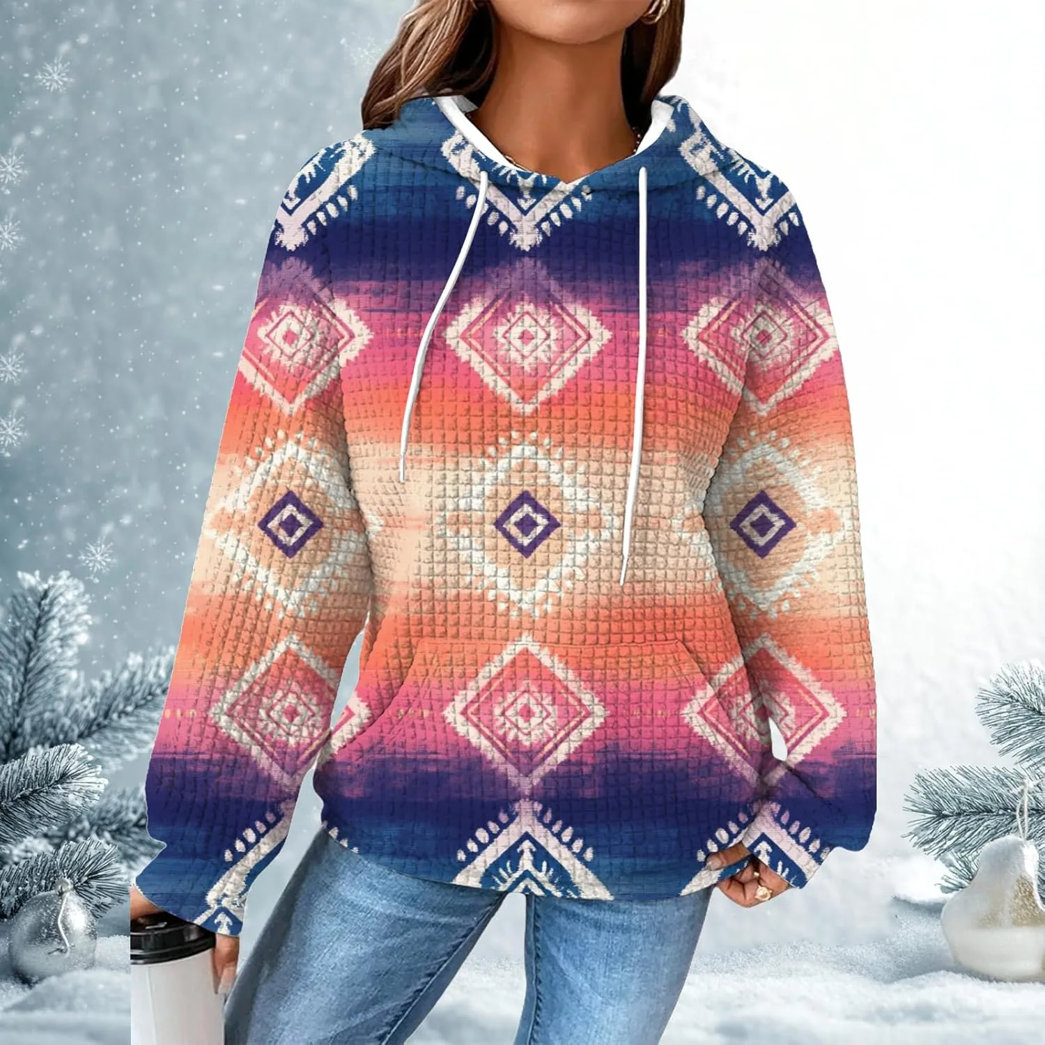 MARSVOVO Fall Womens Hoodies Pullover Oversized Drawstring Waffle Hooded Sweatshirt Casual Soft Ethnic Graphic Hoodie