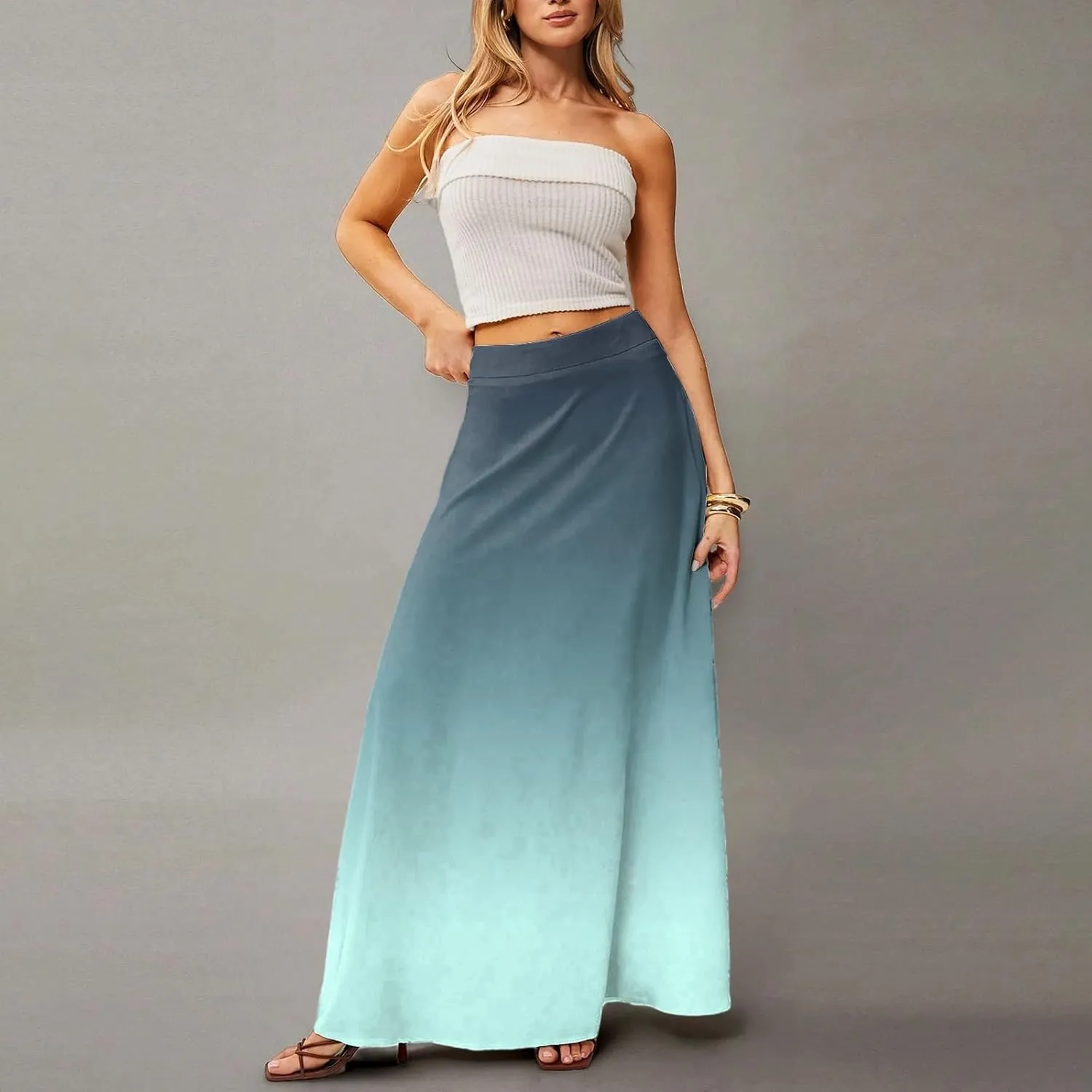 Maxi Skirts for Women Summer Floral Boho Elastic High Waist Tropical Skirts Pleated A-Line Flowy Swing Long Skirt
