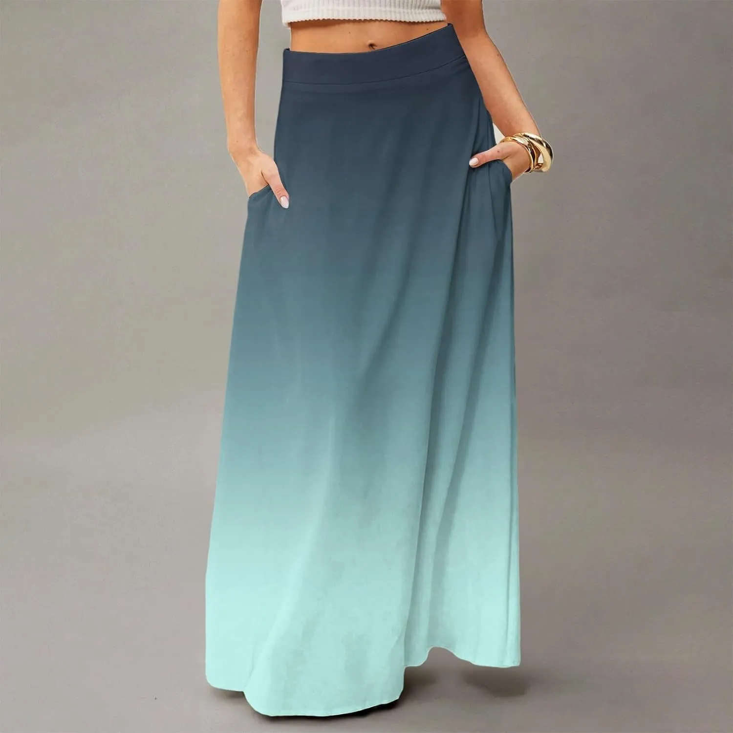 Maxi Skirts for Women Summer Floral Boho Elastic High Waist Tropical Skirts Pleated A-Line Flowy Swing Long Skirt