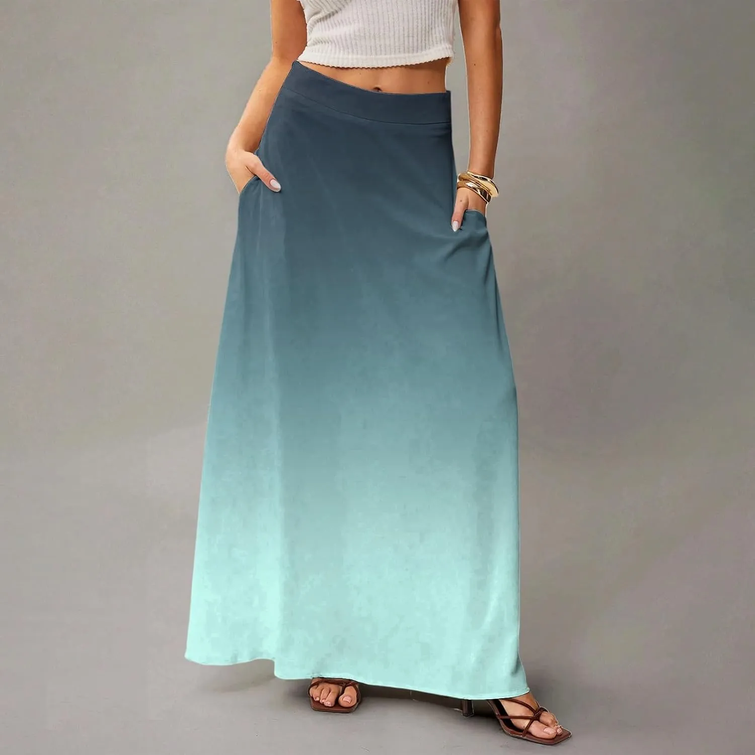 Maxi Skirts for Women Summer Floral Boho Elastic High Waist Tropical Skirts Pleated A-Line Flowy Swing Long Skirt