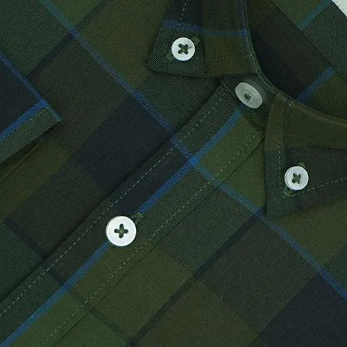 Men's 100% Cotton Grid Tattersall Checkered Full Sleeves Shirt (Olive Green)