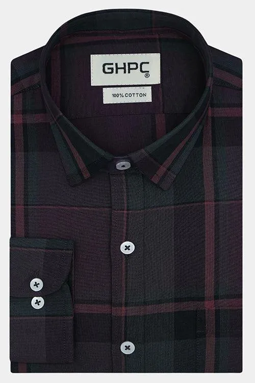 Men's 100% Cotton Plaid Checkered Full Sleeves Shirt (Cola)