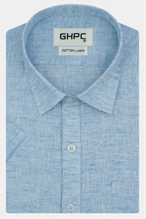 Men's Cotton Linen Plain Solid Half Sleeves Shirt (Sky Blue)