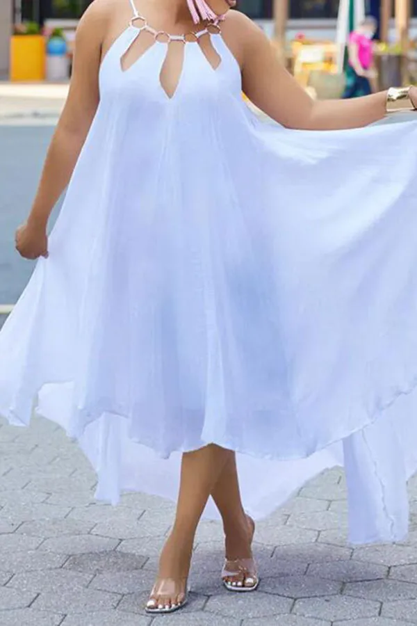 Metal Decor Stylish High Low Maxi Dress