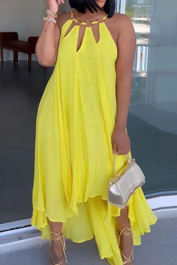 Metal Decor Stylish High Low Maxi Dress