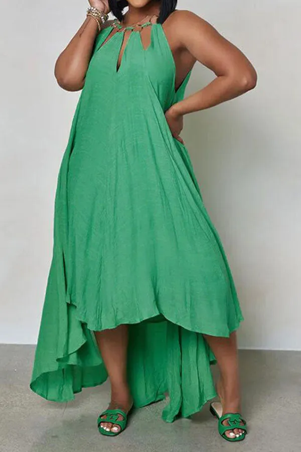 Metal Decor Stylish High Low Maxi Dress