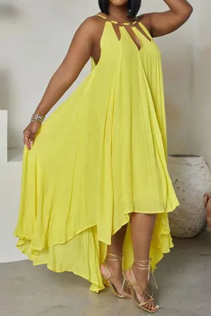 Metal Decor Stylish High Low Maxi Dress