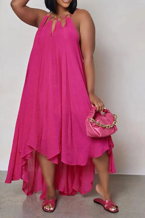 Metal Decor Stylish High Low Maxi Dress