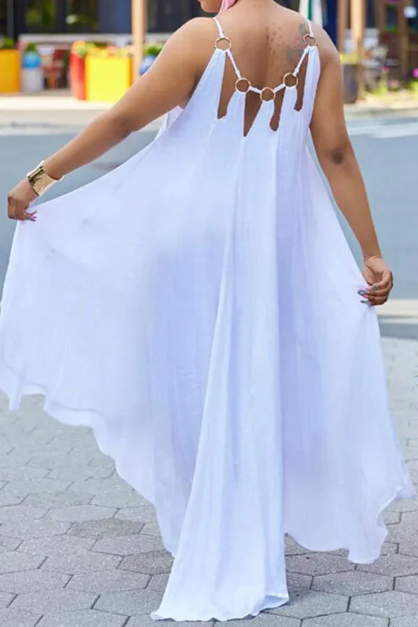 Metal Decor Stylish High Low Maxi Dress