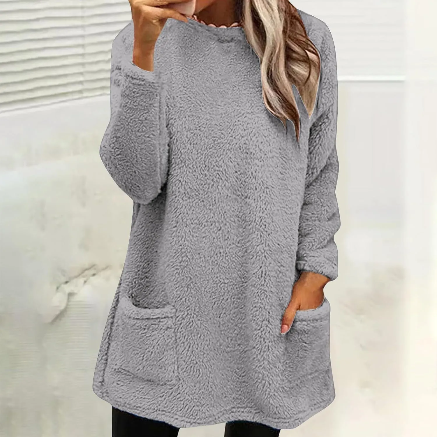 midelxp 2024 Soft Sherpa Pullover Womens Oversized Fuzzy Fleece Crewneck Sweatshirts Winter Faux Fur Loungewear with Pockets
