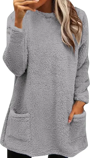 midelxp 2024 Soft Sherpa Pullover Womens Oversized Fuzzy Fleece Crewneck Sweatshirts Winter Faux Fur Loungewear with Pockets