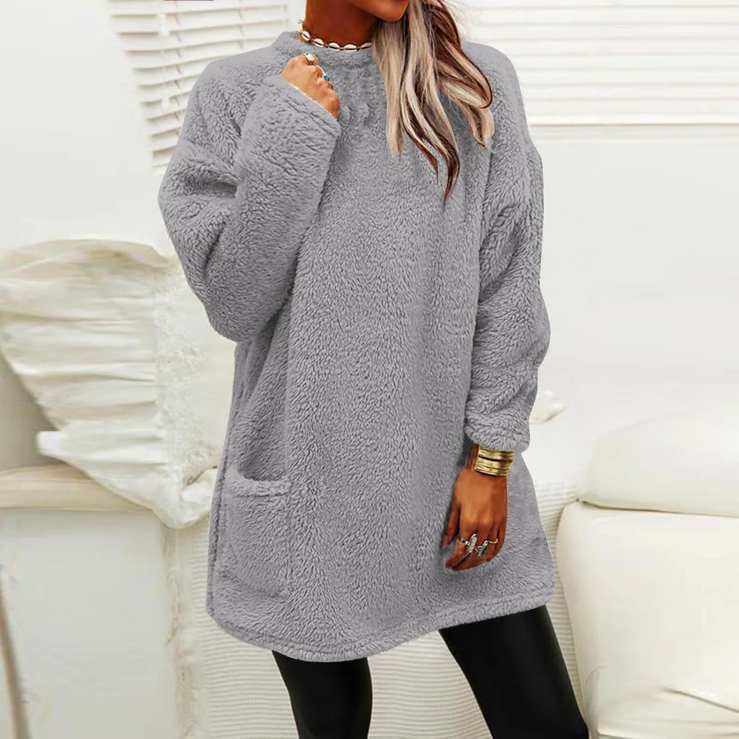 midelxp 2024 Soft Sherpa Pullover Womens Oversized Fuzzy Fleece Crewneck Sweatshirts Winter Faux Fur Loungewear with Pockets