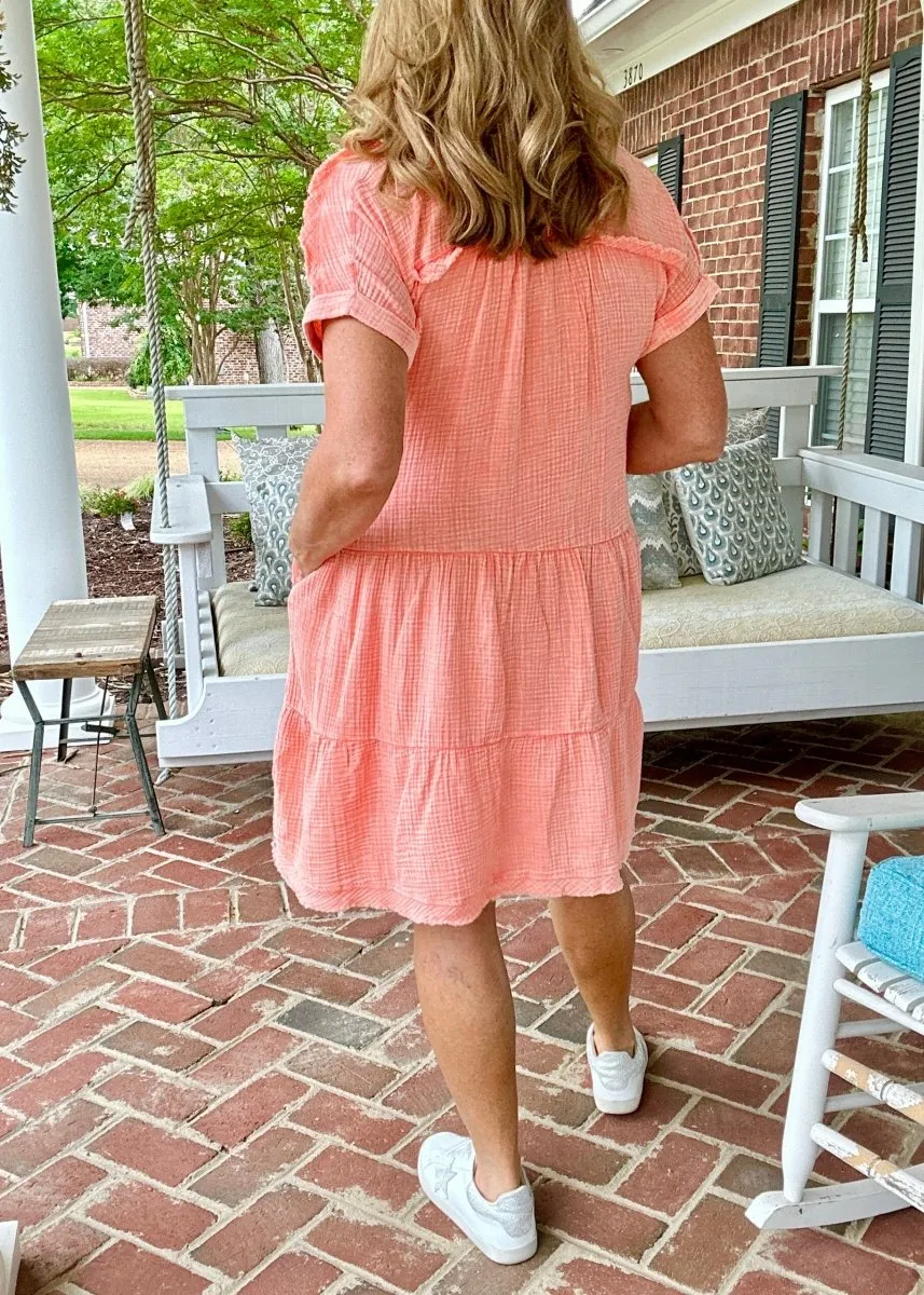 Pammie Gauze Raw Edge Dress - Coral