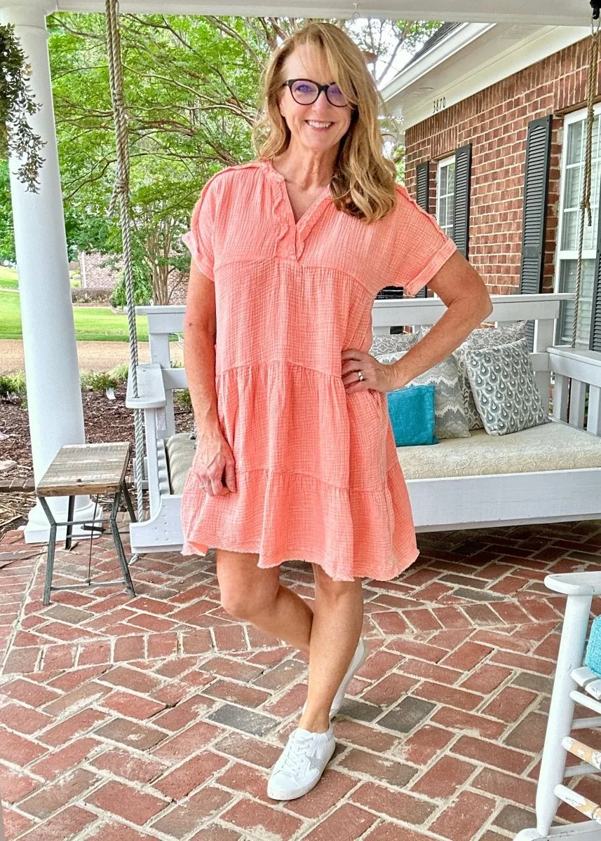Pammie Gauze Raw Edge Dress - Coral