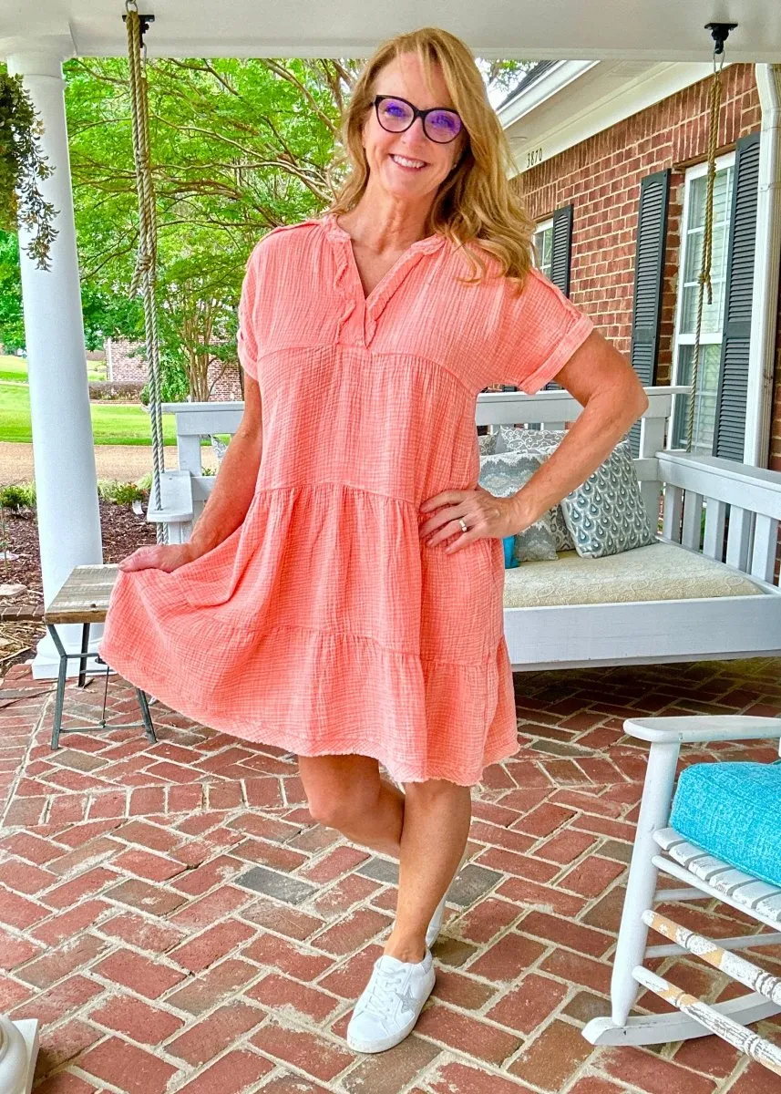 Pammie Gauze Raw Edge Dress - Coral