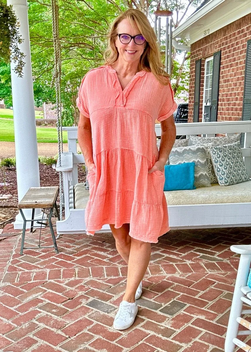 Pammie Gauze Raw Edge Dress - Coral