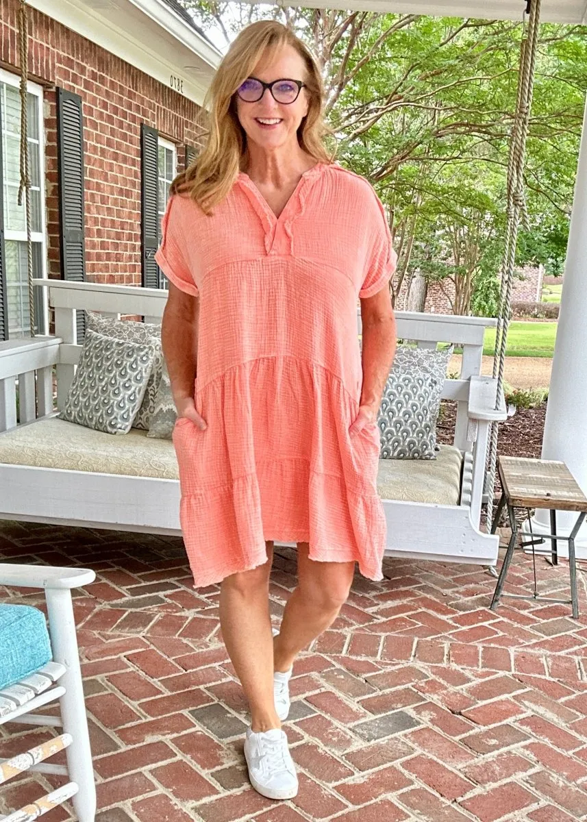 Pammie Gauze Raw Edge Dress - Coral