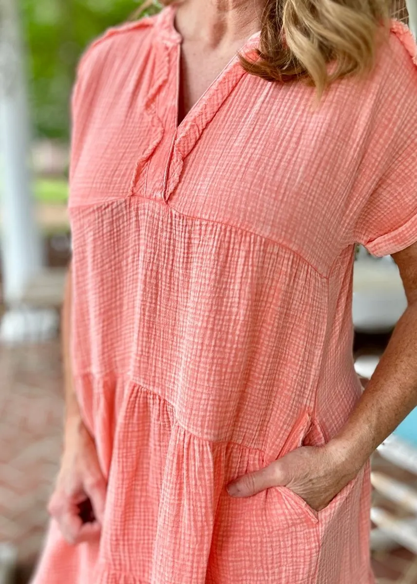 Pammie Gauze Raw Edge Dress - Coral
