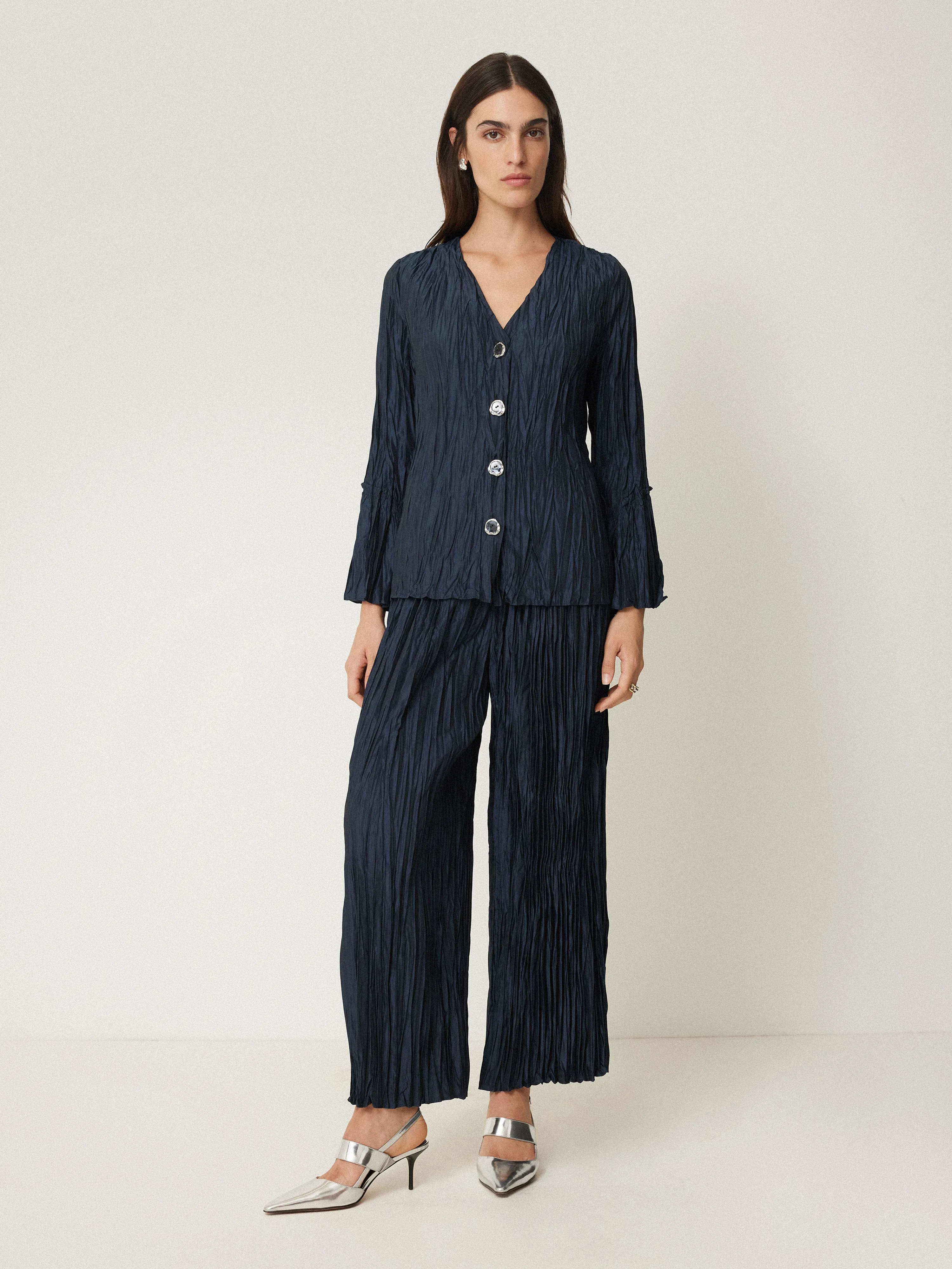Plisse Button Up Top | Navy