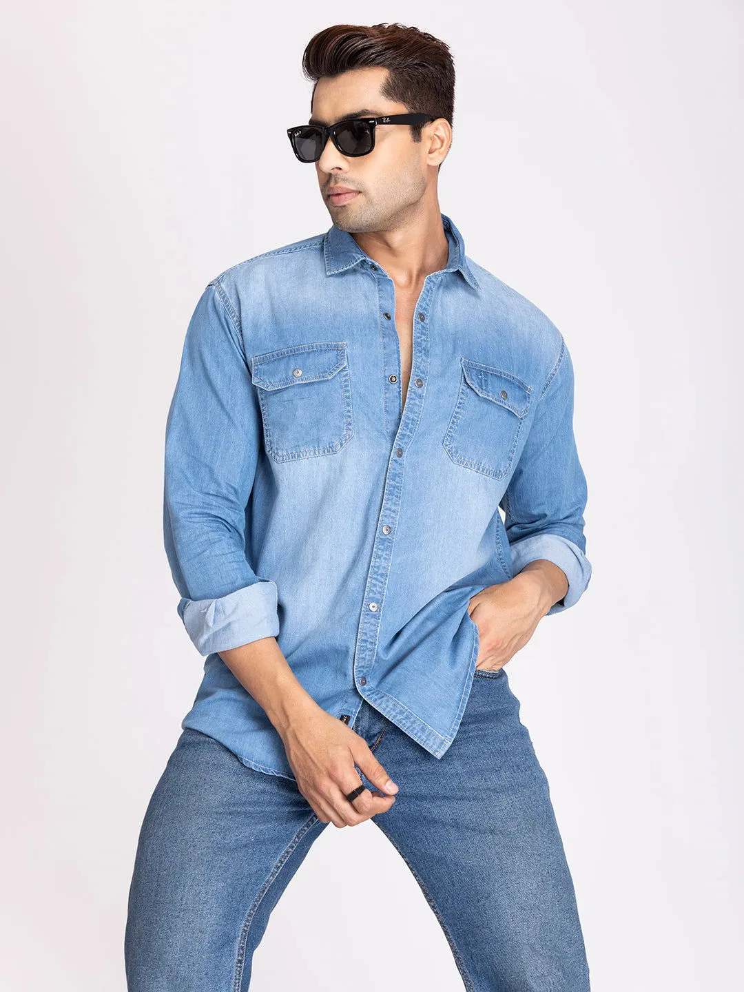 PREMIUM SLUB DENIM SHIRT-SKY BLUE