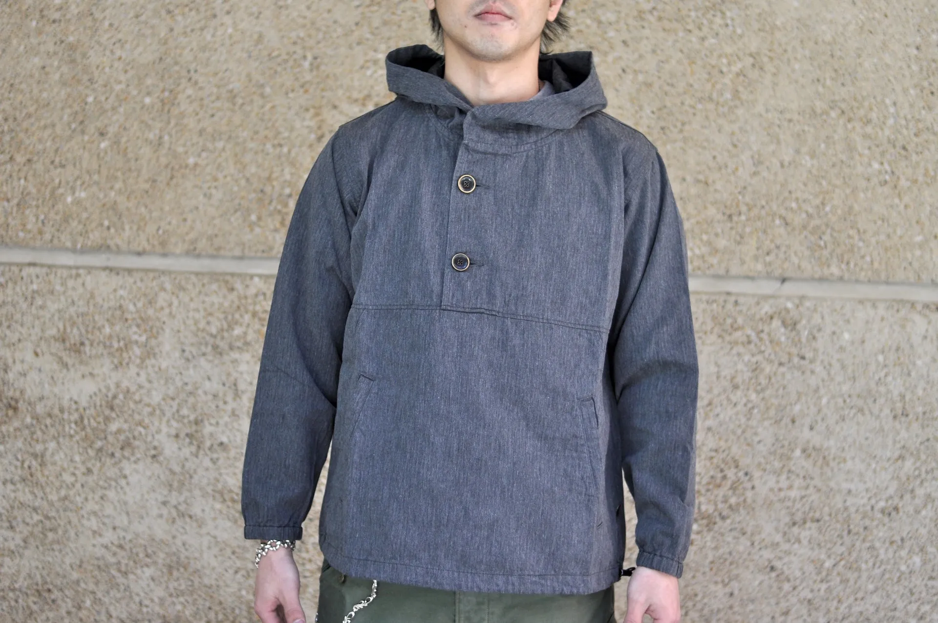 Pure Blue Japan "All-Seasons" HBT Hooded Pullover (Heather Grey X Black)