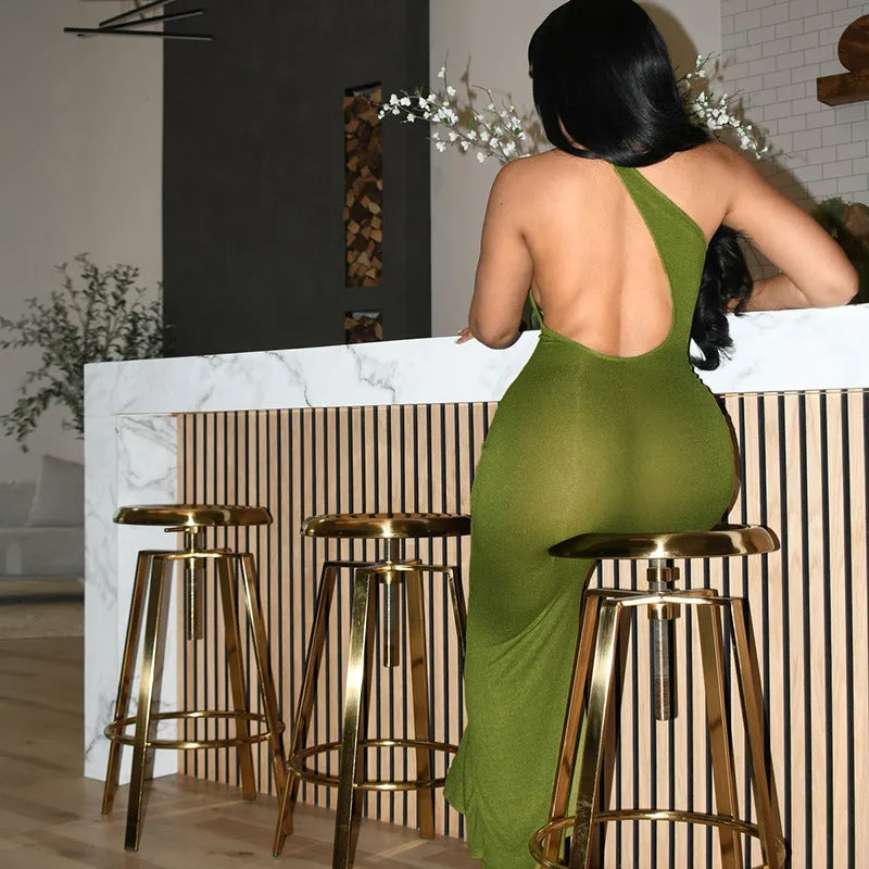 Sexy and Stylish Single-Shoulder Backless Slit Dress