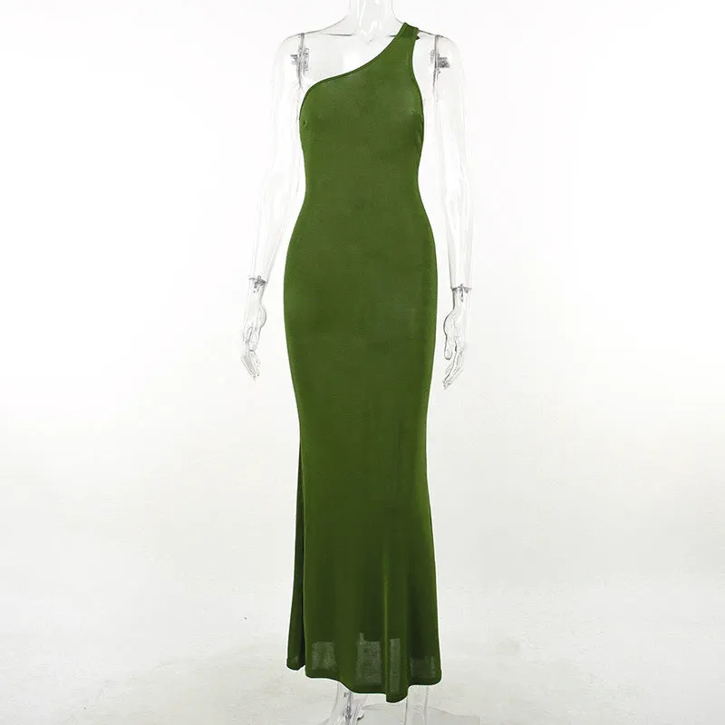 Sexy and Stylish Single-Shoulder Backless Slit Dress