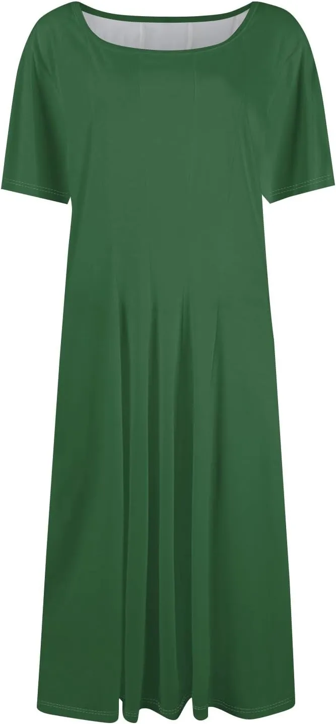 Shirt Dresses for Women Midi Ruched Summer Short Sleeve Crewneck Dress Cocktail A Line Dresses with Side Pocket Dress