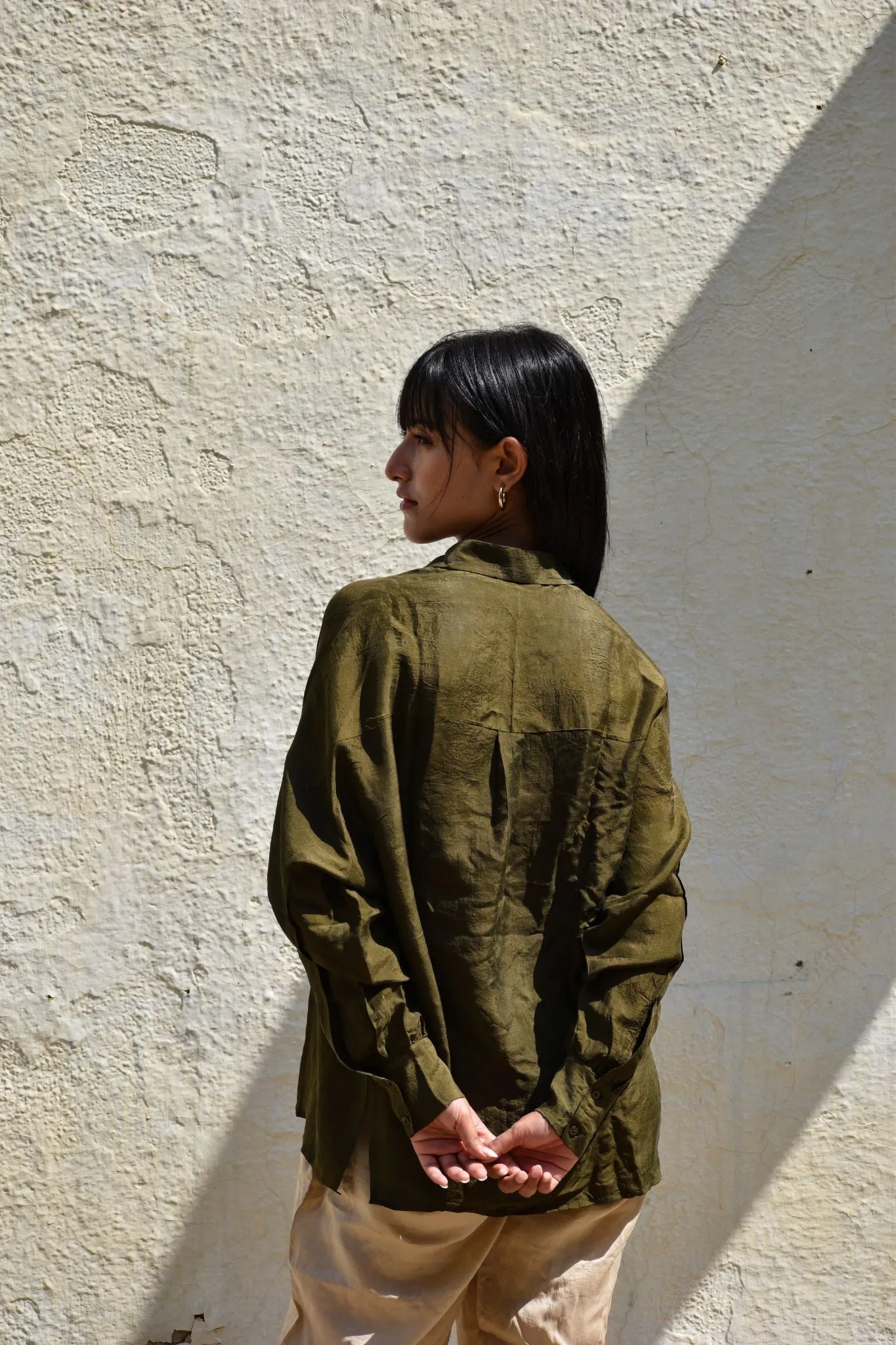 Silk Oversized Shirt-Olive