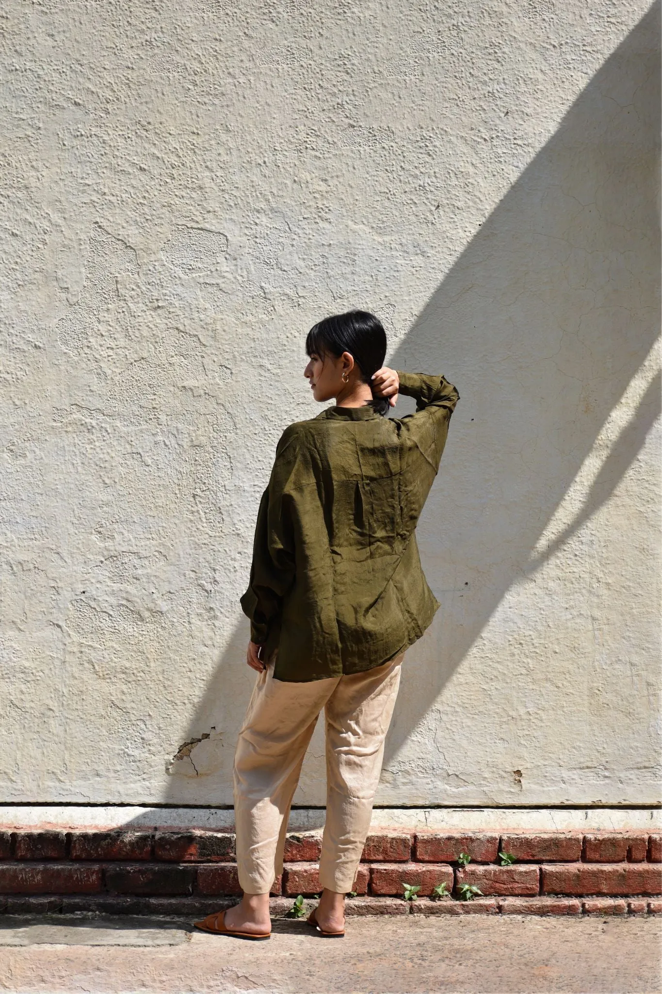 Silk Oversized Shirt-Olive
