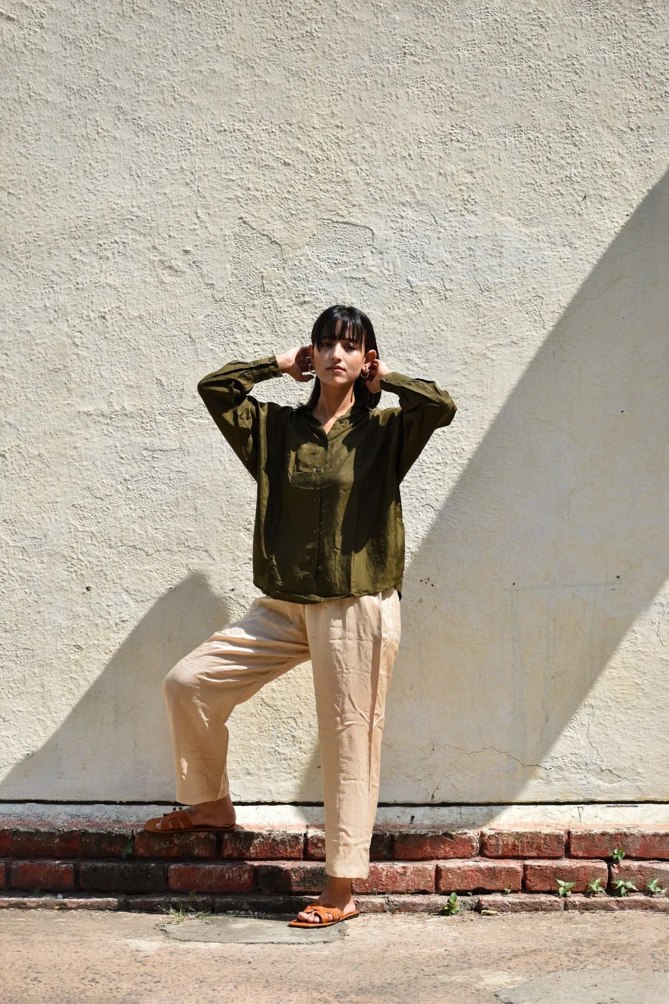 Silk Oversized Shirt-Olive