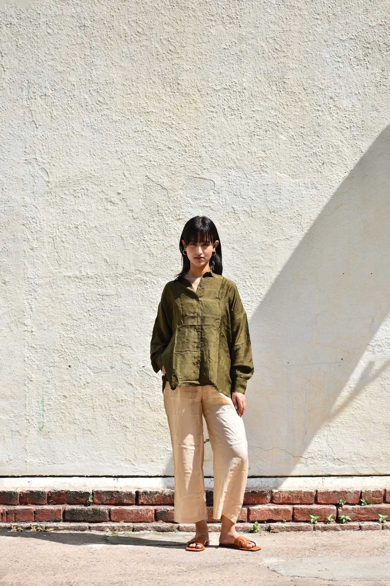 Silk Oversized Shirt-Olive