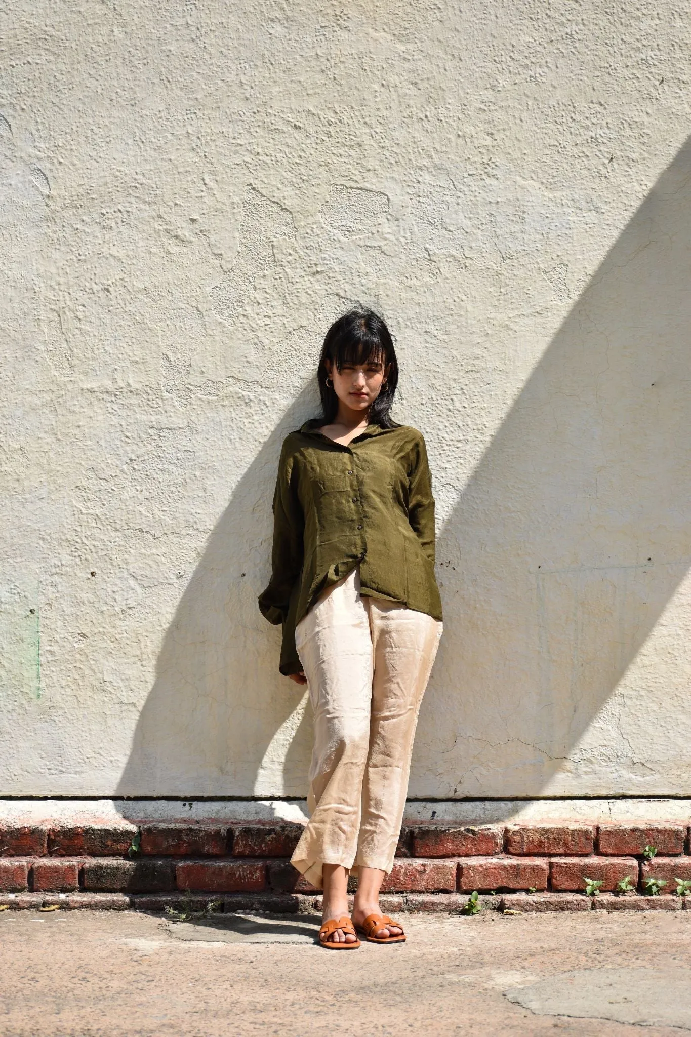 Silk Oversized Shirt-Olive