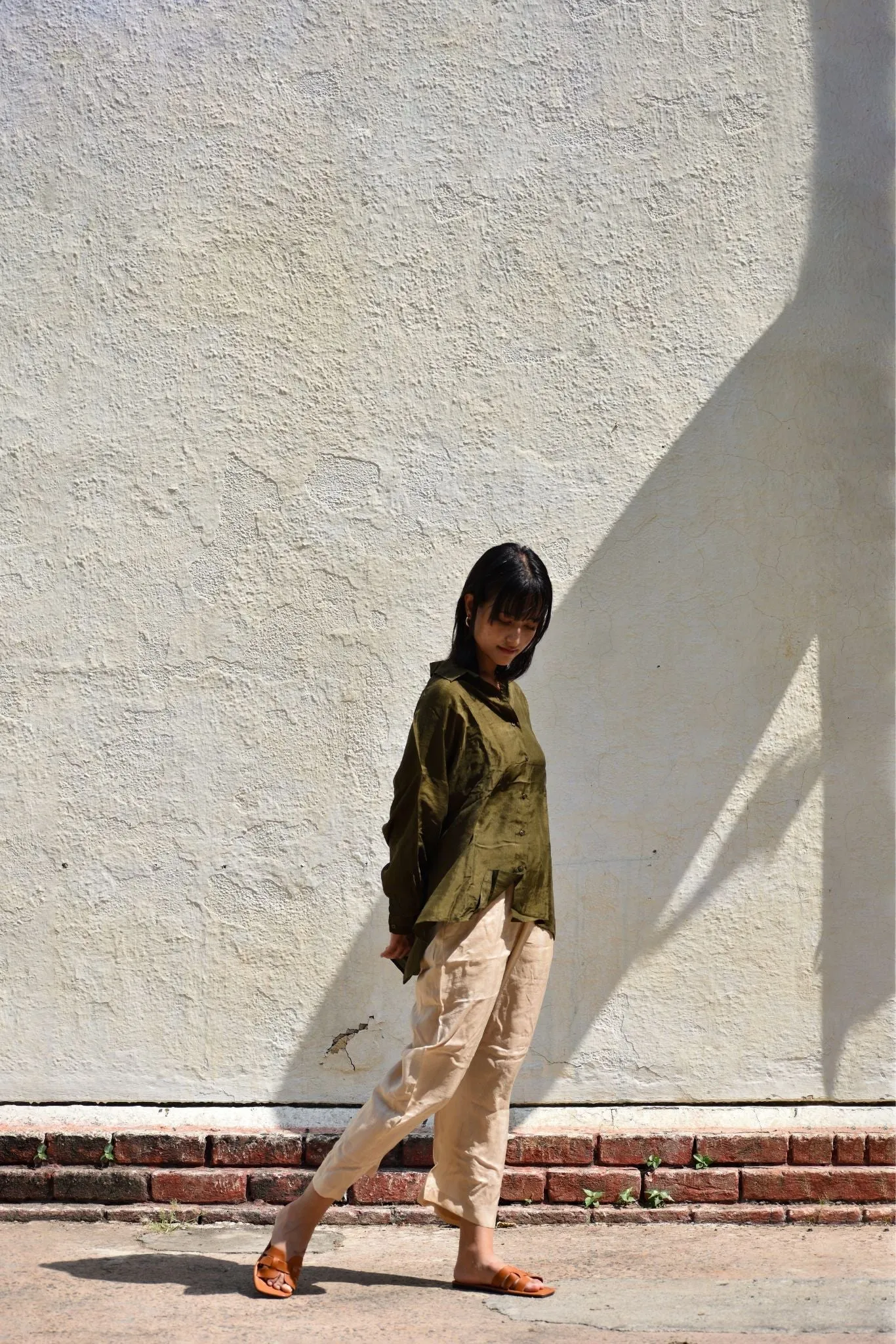 Silk Oversized Shirt-Olive