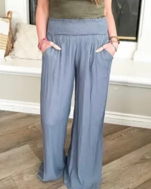 Slate Blue Gray Smocked Elastic Waist Rayon Crinkle Wide Leg Pants