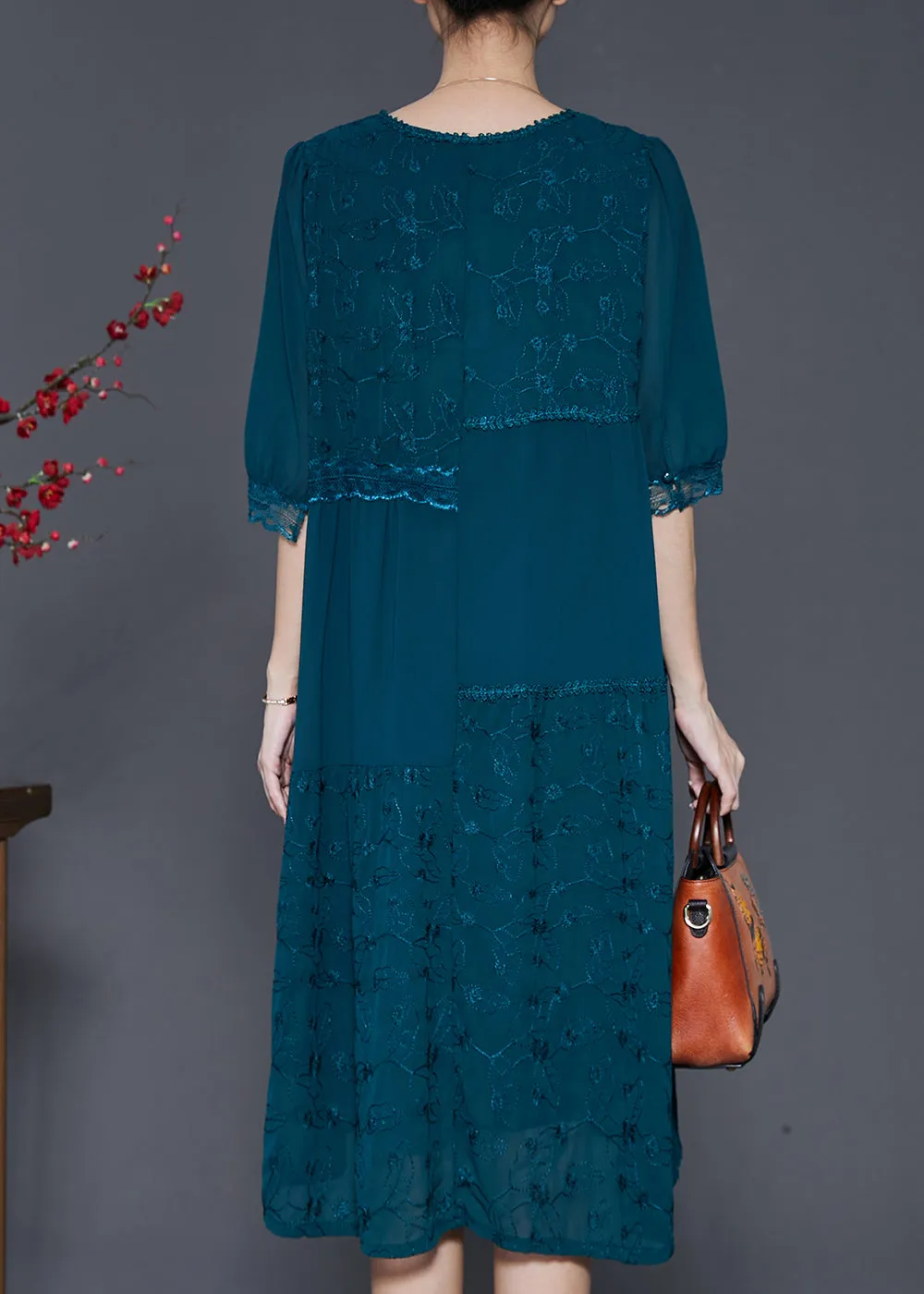Stylish Green Embroidered Patchwork Chiffon Dress Summer