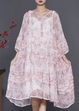 Stylish Pink Ruffled Print Chiffon Dress Spring