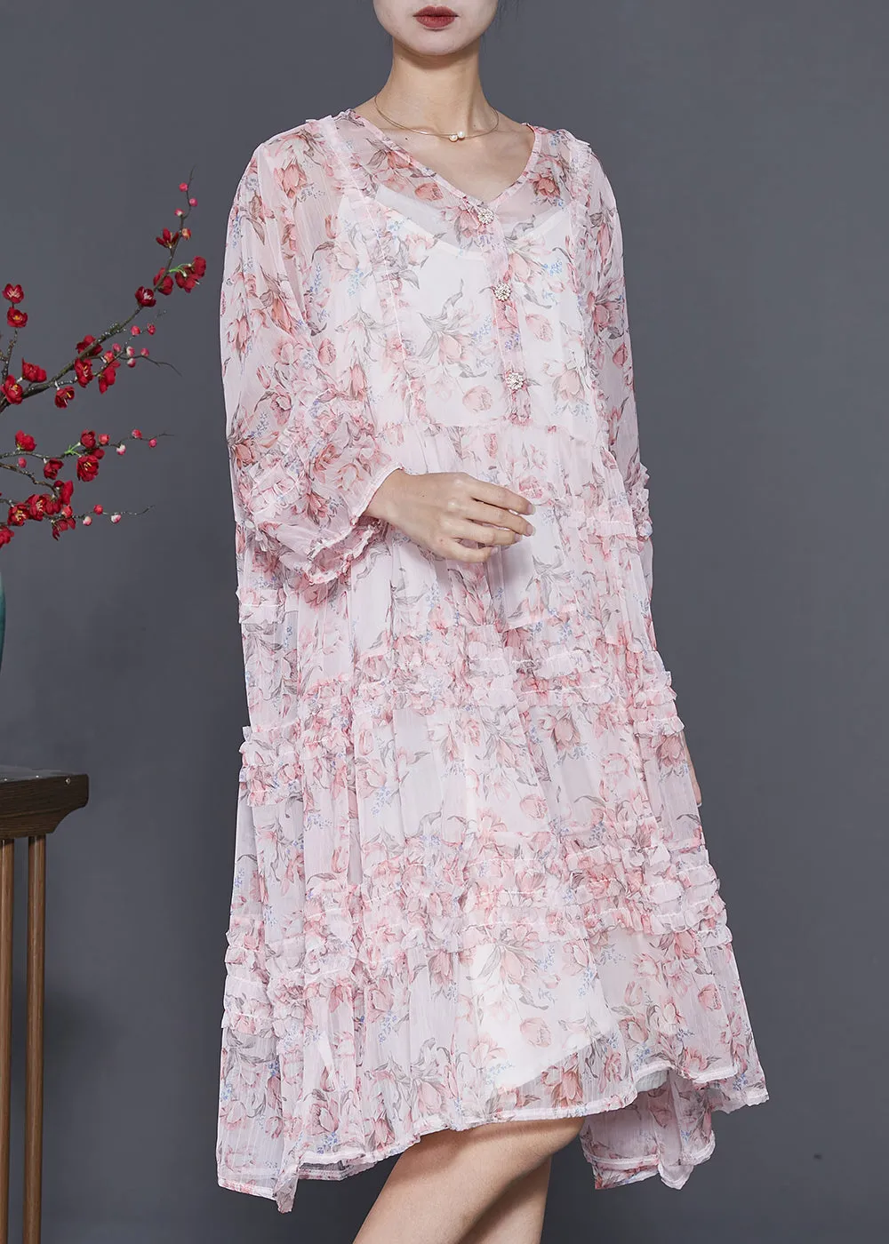 Stylish Pink Ruffled Print Chiffon Dress Spring