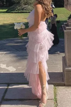 Stylish Pink Tulle Halter Layers Sleeveless Prom Dresses With Slit, Girl Dresses SH564