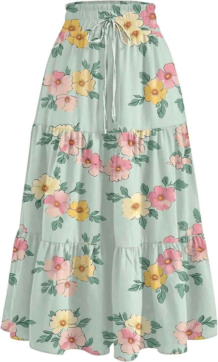 Stylish Summer Party Skirt Women Full Hems Comfy Baggy Floral Expandable Waist Skirts