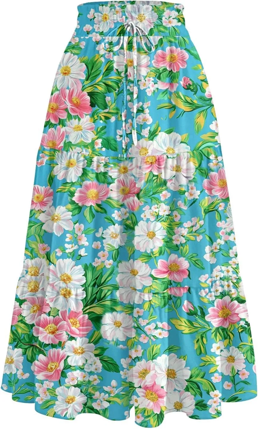 Stylish Summer Party Skirt Women Full Hems Comfy Baggy Floral Expandable Waist Skirts